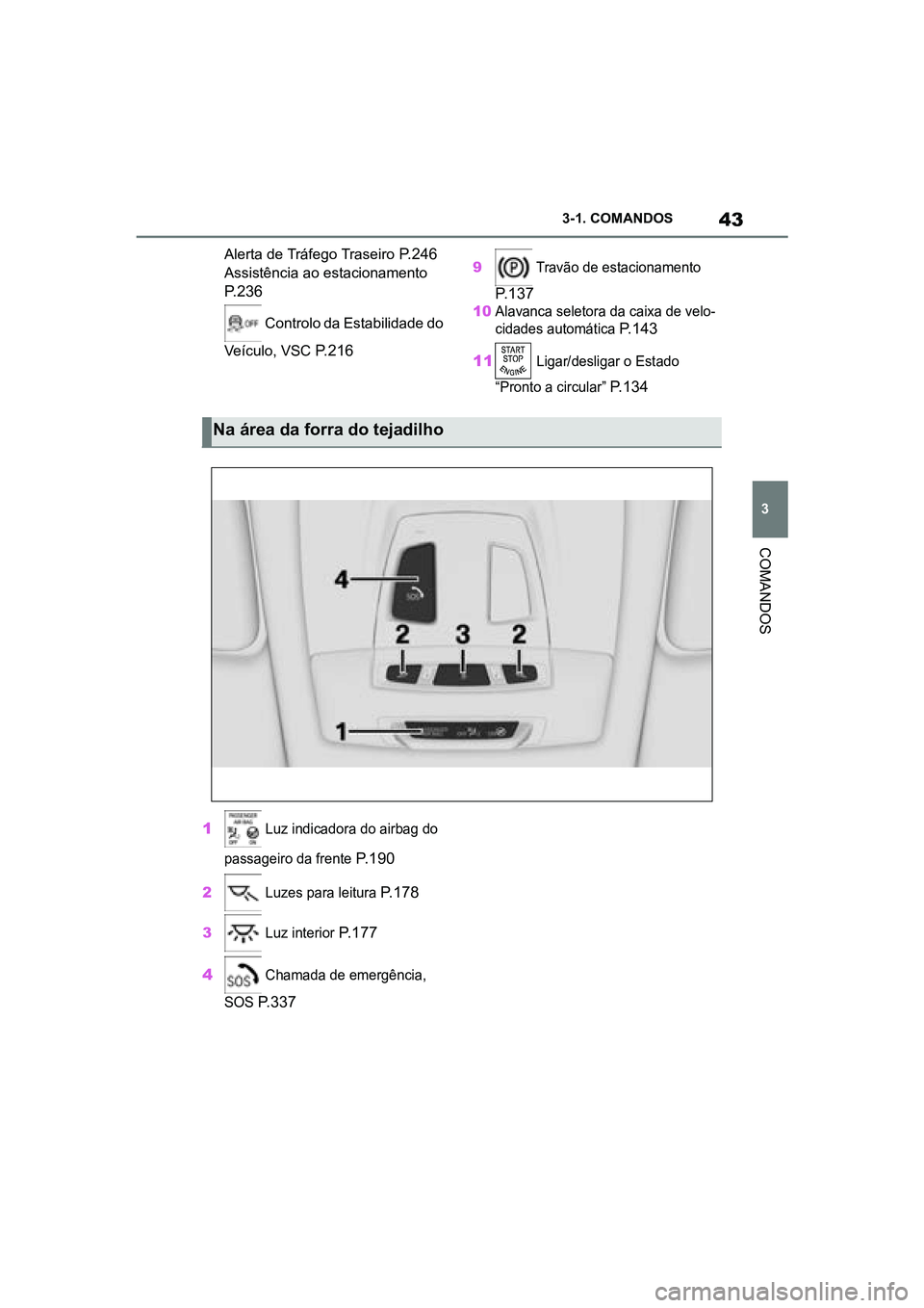 TOYOTA SUPRA 2019  Manual de utilização (in Portuguese) 43
3
Supra Owner's Manual 3-1. COMANDOS
COMANDOS
Alerta de Tráfego Traseiro P.246
 
Assistência ao estacionamento 
P.236  
 
Controlo da Estabilidade do 
Veículo, VSC 
P.216

9  Travão de esta