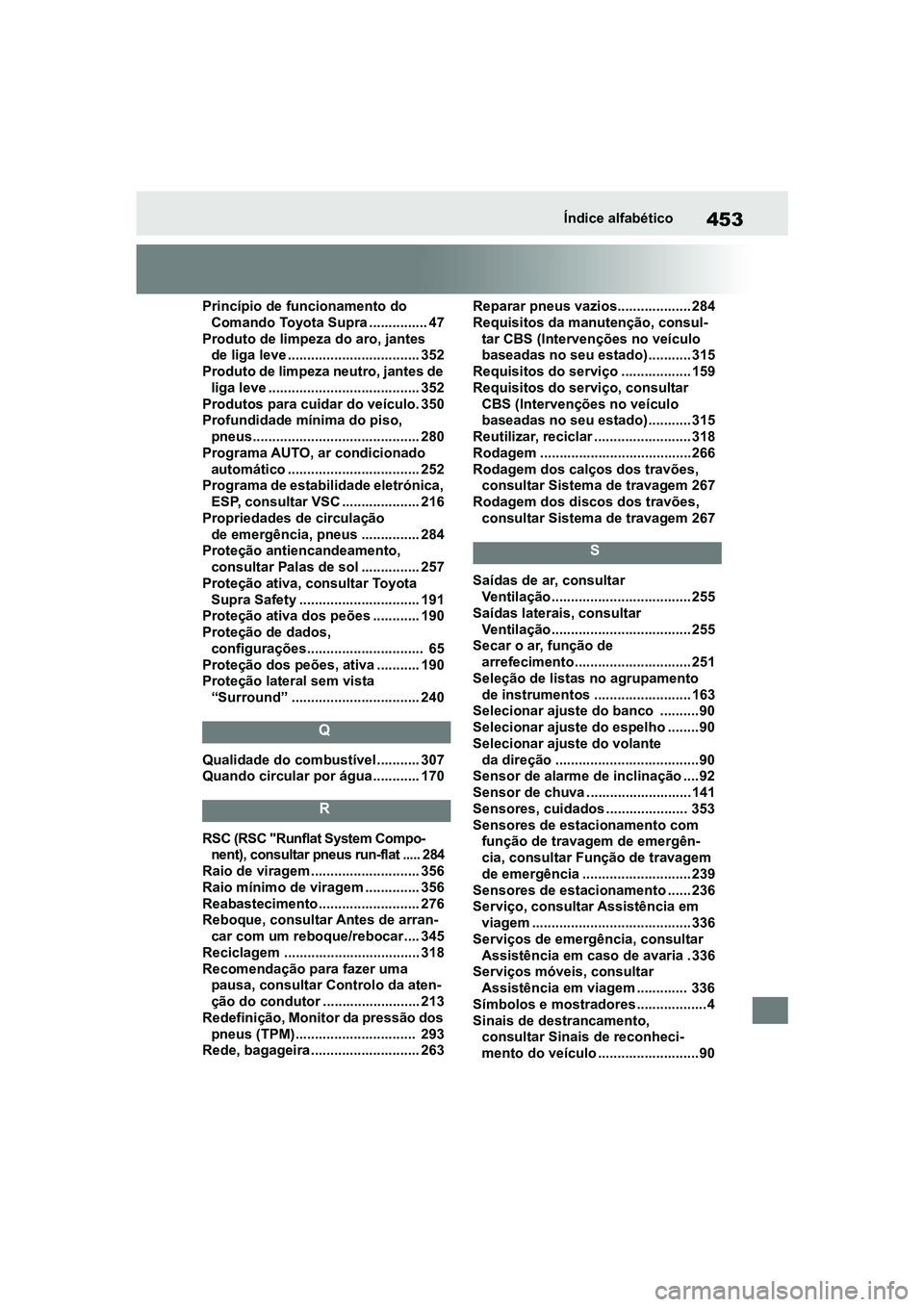TOYOTA SUPRA 2019 Manual de utilização (in Portuguese) 453
Supra Owner's ManualÍndice alfabético
Princípio de funcionamento do
Comando Toyota Supra ............... 47
Produto de limpeza do aro, jantes
de liga leve . .
......................... TOYOTA SUPRA 2019 Manual de utilização (in Portuguese) 453
Supra Owner's ManualÍndice alfabético
Princípio de funcionamento do
Comando Toyota Supra ............... 47
Produto de limpeza do aro, jantes
de liga leve . .
.........................