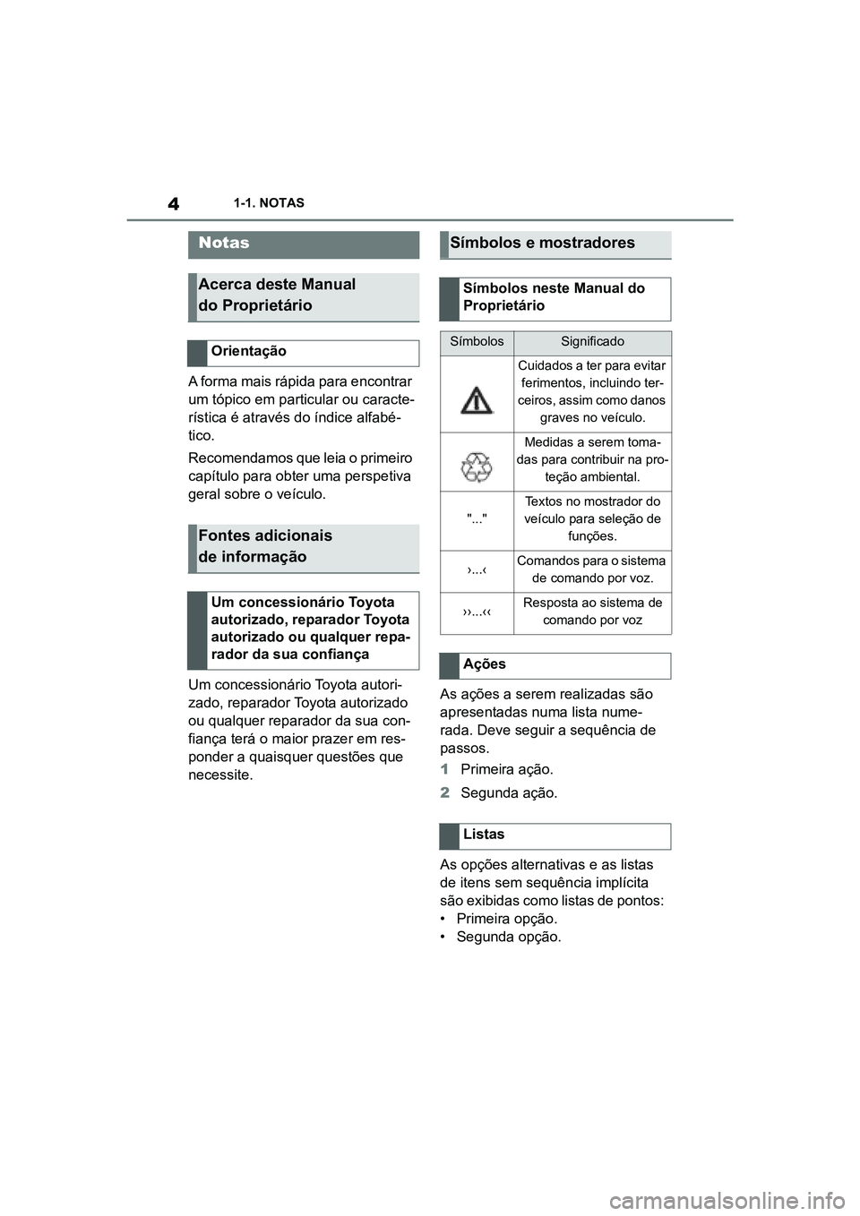 TOYOTA SUPRA 2019 Manual de utilização (in Portuguese) 4
Supra Owner's Manual1-1. NOTAS
1-1.NO TAS
A forma mais rápida para encontrar
um tópico em particular ou caracte
-
rística é através do índice alfabé -
tico.
Recomendamos que leia o prime TOYOTA SUPRA 2019 Manual de utilização (in Portuguese) 4
Supra Owner's Manual1-1. NOTAS
1-1.NO TAS
A forma mais rápida para encontrar
um tópico em particular ou caracte
-
rística é através do índice alfabé -
tico.
Recomendamos que leia o prime