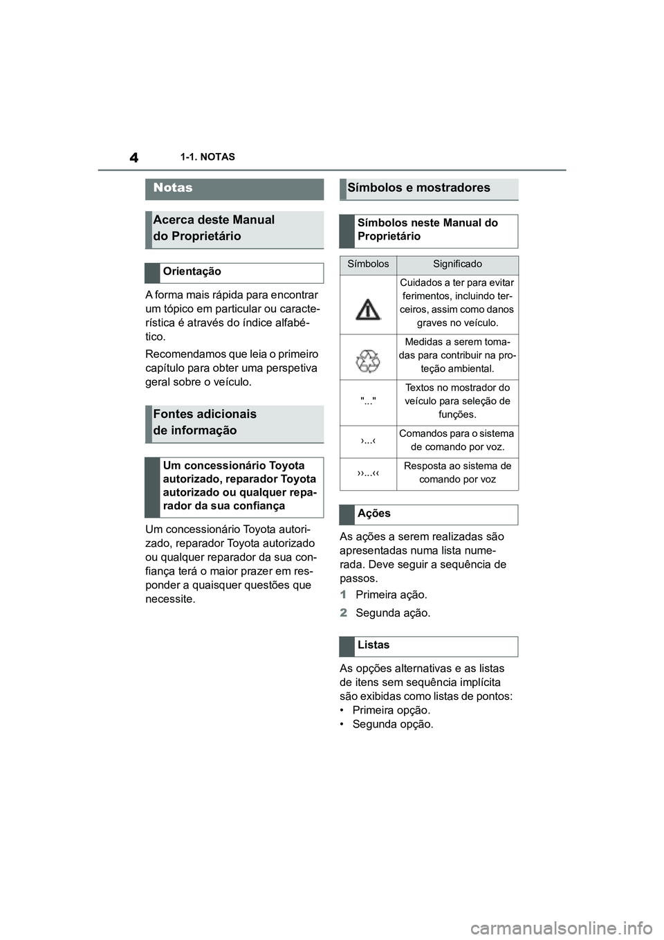 TOYOTA SUPRA 2019  Manual de utilização (in Portuguese) 4
Supra Owner's Manual1-1. NOTAS
1-1.NO TAS
A forma mais rápida para encontrar 
um tópico em particular ou caracte
-
rística é através do índice alfabé -
tico.
Recomendamos que leia o prime