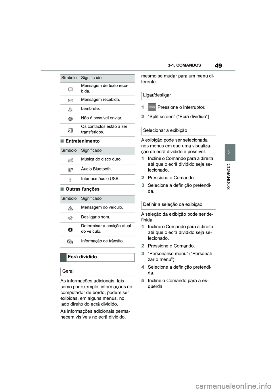 TOYOTA SUPRA 2019 Manual de utilização (in Portuguese) 49
3
Supra Owner's Manual 3-1. COMANDOS
COMANDOS
nEntretenimento
nOutras funções
As informações adicionais, tais
c o
mo por exemplo, informações do
computador de bordo, podem ser
exibida TOYOTA SUPRA 2019 Manual de utilização (in Portuguese) 49
3
Supra Owner's Manual 3-1. COMANDOS
COMANDOS
nEntretenimento
nOutras funções
As informações adicionais, tais
c o
mo por exemplo, informações do
computador de bordo, podem ser
exibida