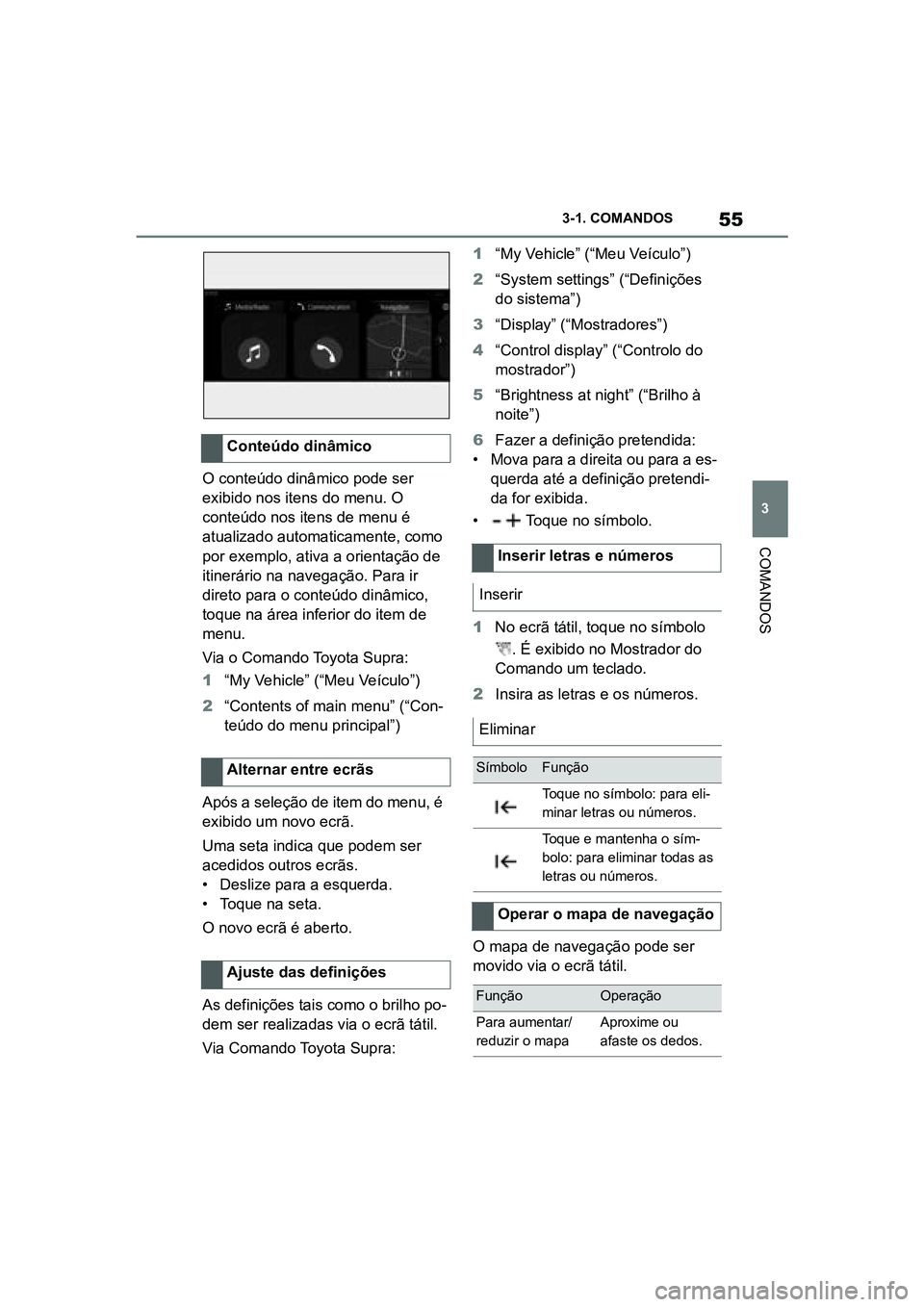 TOYOTA SUPRA 2019 Manual de utilização (in Portuguese) 55
3
Supra Owner's Manual 3-1. COMANDOS
COMANDOS
O conteúdo dinâmico pode ser
exibido nos itens do menu. O
conteúdo nos itens de menu é
at
ualizado automaticamente, como
por exemplo, TOYOTA SUPRA 2019 Manual de utilização (in Portuguese) 55
3
Supra Owner's Manual 3-1. COMANDOS
COMANDOS
O conteúdo dinâmico pode ser
exibido nos itens do menu. O
conteúdo nos itens de menu é
at
ualizado automaticamente, como
por exemplo,