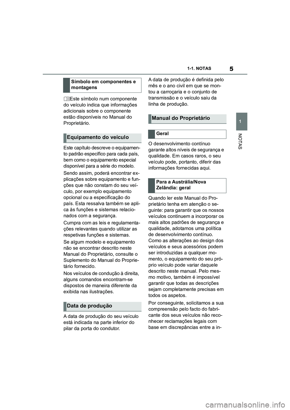 TOYOTA SUPRA 2019 Manual de utilização (in Portuguese) 5
1
Supra Owner's Manual 1-1. NOTAS
NOTAS
Este símbolo num componente
do veículo indica que informações
ad
icionais sobre o componente
estão disponíveis no Manual do
Proprietário.
Este TOYOTA SUPRA 2019 Manual de utilização (in Portuguese) 5
1
Supra Owner's Manual 1-1. NOTAS
NOTAS
Este símbolo num componente
do veículo indica que informações
ad
icionais sobre o componente
estão disponíveis no Manual do
Proprietário.
Este