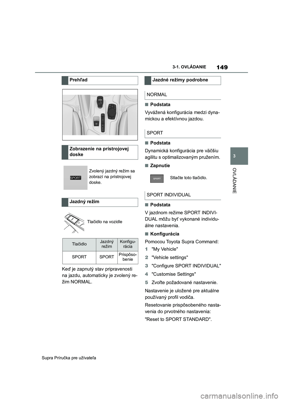 TOYOTA SUPRA 2019  Návod na použitie (in Slovakian) 149
3 
Supra Príručka pre užívateľa 
3-1. OVLÁDANIE
OVLÁDANIE
Keď je zapnutý stav pripravenosti  
na jazdu, automaticky je zvolený re-
žim NORMAL.
■Podstata 
Vyvážená konfigurácia med