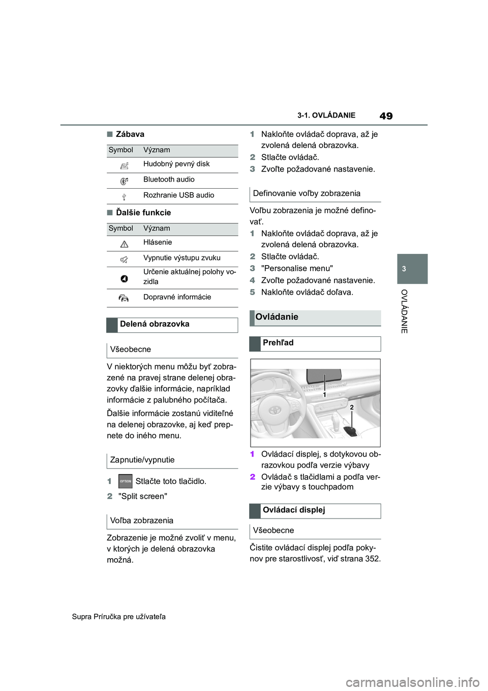 TOYOTA SUPRA 2019  Návod na použitie (in Slovakian) 49
3 
Supra Príručka pre užívateľa 
3-1. OVLÁDANIE
OVLÁDANIE
■Zábava
■Ďalšie funkcie 
V niektorých menu môžu byť zobra- 
zené na pravej strane delenej obra-
zovky ďalšie informác