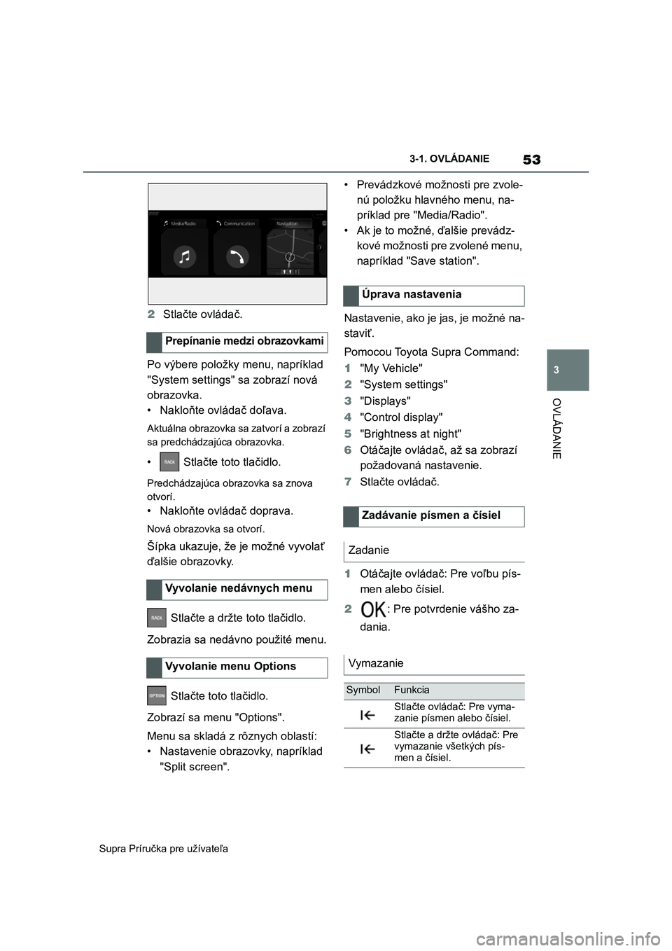 TOYOTA SUPRA 2019  Návod na použitie (in Slovakian) 53
3 
Supra Príručka pre užívateľa 
3-1. OVLÁDANIE
OVLÁDANIE
2 Stlačte ovládač. 
Po výbere položky menu, napríklad  
"System settings" sa zobrazí nová 
obrazovka.
• Nakloňte 