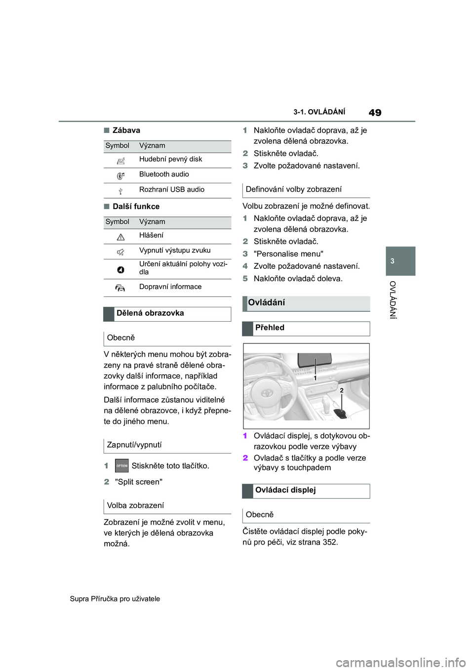 TOYOTA SUPRA 2019  Návod na použití (in Czech) 49
3 
Supra Příručka pro uživatele 
3-1. OVLÁDÁNÍ
OVLÁDÁNÍ
■Zábava
■Další funkce 
V některých menu mohou být zobra- 
zeny na pravé straně dělené obra- 
zovky další informace,