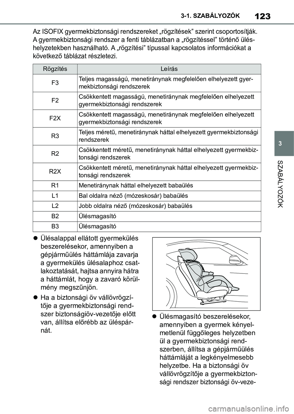TOYOTA SUPRA 2019 Kezelési útmutató (in Hungarian) 123
3
3-1. SZABÁLYOZÓK
SZABÁLYOZÓK
Az ISOFIX gyermekbiztonsági rendszereket „rögzítések” szerint csoportosítják.
A gyermekbiztonsági rendszer a fenti táblázatban a „rögzítéssel
TOYOTA SUPRA 2019 Kezelési útmutató (in Hungarian) 123
3
3-1. SZABÁLYOZÓK
SZABÁLYOZÓK
Az ISOFIX gyermekbiztonsági rendszereket „rögzítések” szerint csoportosítják.
A gyermekbiztonsági rendszer a fenti táblázatban a „rögzítéssel