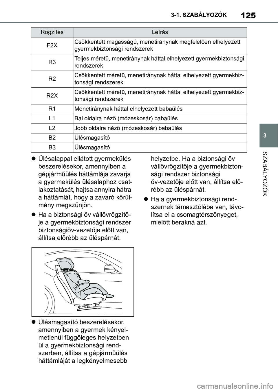 TOYOTA SUPRA 2019 Kezelési útmutató (in Hungarian) 125
3
3-1. SZABÁLYOZÓK
SZABÁLYOZÓK
Ülésalappal ellátott gyermekülés
beszerelésekor, amennyiben a
gépjárműülés háttámlája zavarja
a gyermekülés ülésalaphoz csat-
lakoztatá TOYOTA SUPRA 2019 Kezelési útmutató (in Hungarian) 125
3
3-1. SZABÁLYOZÓK
SZABÁLYOZÓK
Ülésalappal ellátott gyermekülés
beszerelésekor, amennyiben a
gépjárműülés háttámlája zavarja
a gyermekülés ülésalaphoz csat-
lakoztatá