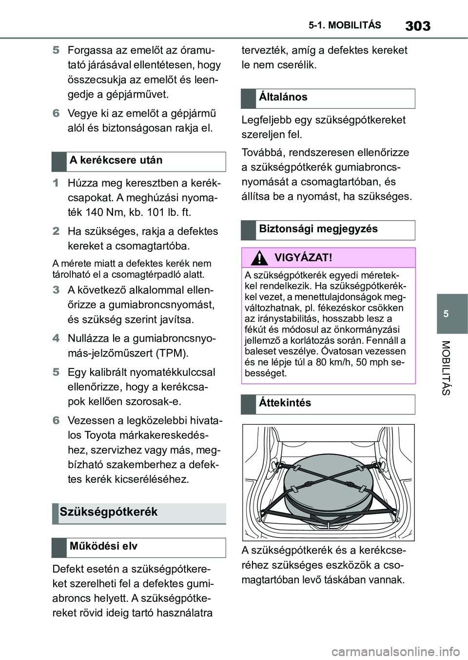 TOYOTA SUPRA 2019 Kezelési útmutató (in Hungarian) 303
5
5-1. MOBILITÁS
MOBILITÁS
5
Forgassa az emelőt az óramu-
tató járásával ellentétesen, hogy
összecsukja az emelőt és leen-
gedje a gépjárművet.
6 Vegye ki az emelőt a gépjármű TOYOTA SUPRA 2019 Kezelési útmutató (in Hungarian) 303
5
5-1. MOBILITÁS
MOBILITÁS
5
Forgassa az emelőt az óramu-
tató járásával ellentétesen, hogy
összecsukja az emelőt és leen-
gedje a gépjárművet.
6 Vegye ki az emelőt a gépjármű