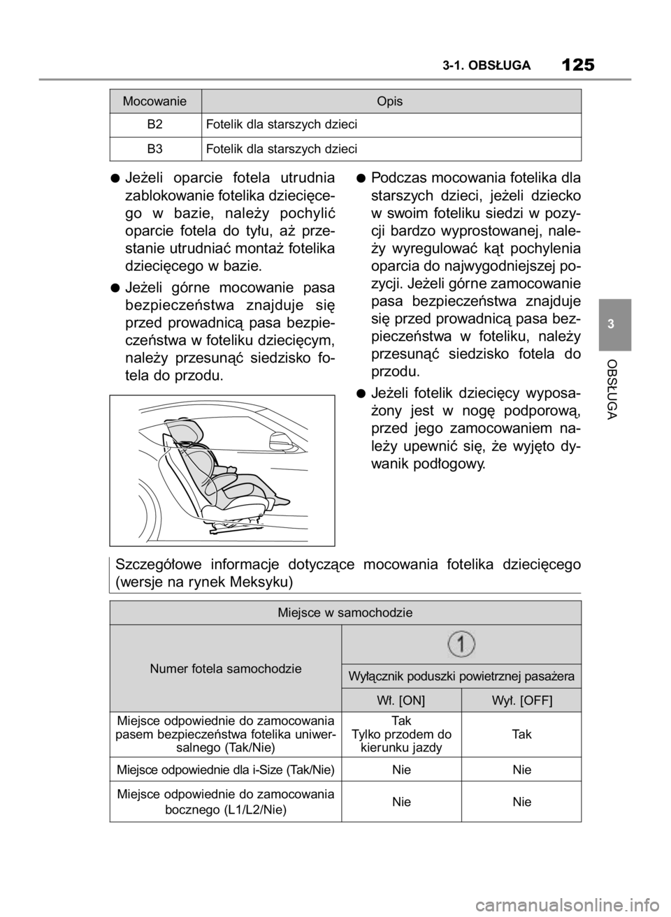 TOYOTA SUPRA 2019 Instrukcja obsługi (in Polish) Je˝eli oparcie fotela utrudnia
zablokowanie fotelika dzieci´ce-
go w bazie, nale˝y pochyliç
oparcie fotela do ty∏u, a˝ prze-
stanie utrudniaç monta˝ fotelika
dzieci´cego w bazie.
TOYOTA SUPRA 2019 Instrukcja obsługi (in Polish) Je˝eli oparcie fotela utrudnia
zablokowanie fotelika dzieci´ce-
go w bazie, nale˝y pochyliç
oparcie fotela do ty∏u, a˝ prze-
stanie utrudniaç monta˝ fotelika
dzieci´cego w bazie.