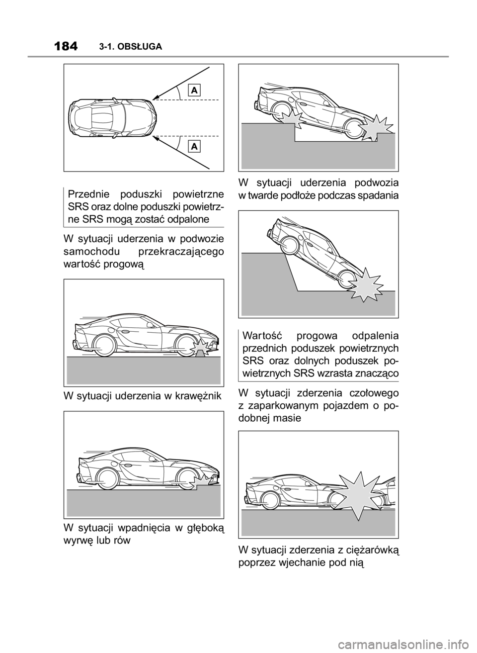 TOYOTA SUPRA 2019 Instrukcja obsługi (in Polish) Przednie poduszki powietrzne
SRS oraz dolne poduszki powietrz-
ne SRS mogà zostaç odpalone
W sytuacji uderzenia w podwozie
samochodu przekraczajàcego
war toÊç progowà
W sytuacji uderzenia w TOYOTA SUPRA 2019 Instrukcja obsługi (in Polish) Przednie poduszki powietrzne
SRS oraz dolne poduszki powietrz-
ne SRS mogà zostaç odpalone
W sytuacji uderzenia w podwozie
samochodu przekraczajàcego
war toÊç progowà
W sytuacji uderzenia w