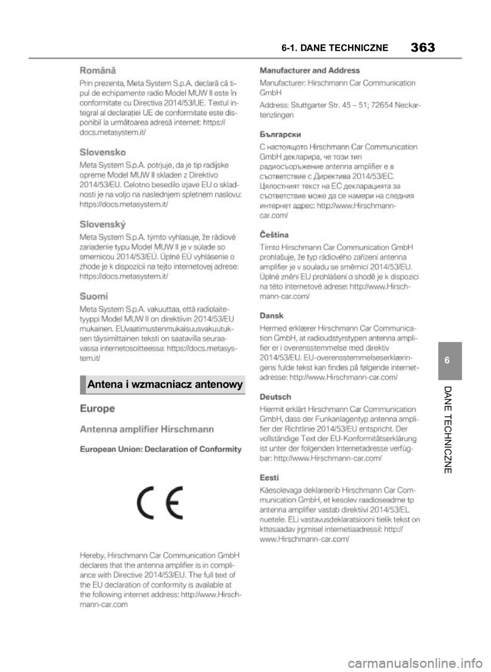 TOYOTA SUPRA 2019 Instrukcja obsługi (in Polish) DANE TECHNICZNE
6-1. DANE TECHNICZNE363
6
Antena i wzmacniacz antenowy
28 Supra OM99T05E 7/25/19 10:51 AM Page 363 TOYOTA SUPRA 2019 Instrukcja obsługi (in Polish) DANE TECHNICZNE
6-1. DANE TECHNICZNE363
6
Antena i wzmacniacz antenowy
28 Supra OM99T05E 7/25/19 10:51 AM Page 363
