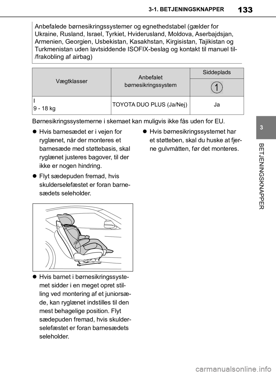 TOYOTA SUPRA 2019 Brugsanvisning (in Danish) 133
3
Instruktionsbog til Supra 3-1. BETJENINGSKNAPPER
BETJENINGSKNAPPER
Børnesikringssystemerne i skemaet k
an muligvis ikke fås uden for EU.
Hvis barnesædet er i vejen for
ryglænet, når de TOYOTA SUPRA 2019 Brugsanvisning (in Danish) 133
3
Instruktionsbog til Supra 3-1. BETJENINGSKNAPPER
BETJENINGSKNAPPER
Børnesikringssystemerne i skemaet k
an muligvis ikke fås uden for EU.
Hvis barnesædet er i vejen for
ryglænet, når de