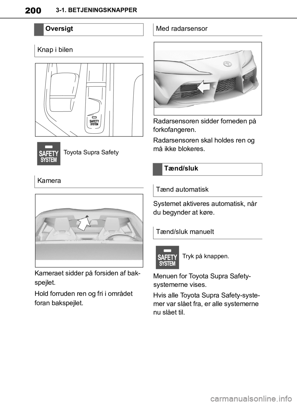 TOYOTA SUPRA 2019 Brugsanvisning (in Danish) 200
Instruktionsbog til Supra3-1. BETJENINGSKNAPPER
Kameraet sidder på forsiden af bak-
spejlet.
Hold forruden ren og fri i området
foran bakspejlet.
Radarsensoren sidder forneden på
forkofangere TOYOTA SUPRA 2019 Brugsanvisning (in Danish) 200
Instruktionsbog til Supra3-1. BETJENINGSKNAPPER
Kameraet sidder på forsiden af bak-
spejlet.
Hold forruden ren og fri i området
foran bakspejlet.
Radarsensoren sidder forneden på
forkofangere