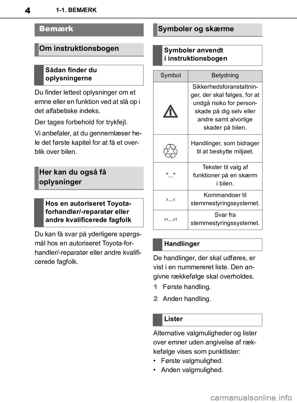 TOYOTA SUPRA 2019 Brugsanvisning (in Danish) 4
Instruktionsbog til Supra1-1. BEMÆRK
1-1.BEMÆRK
Du finder lettest oplysninger om et
emne eller en funktion ved at slå op i
det alfabetiske indeks.
Der tages forbehold for trykfejl.
Vi anbefaler TOYOTA SUPRA 2019 Brugsanvisning (in Danish) 4
Instruktionsbog til Supra1-1. BEMÆRK
1-1.BEMÆRK
Du finder lettest oplysninger om et
emne eller en funktion ved at slå op i
det alfabetiske indeks.
Der tages forbehold for trykfejl.
Vi anbefaler