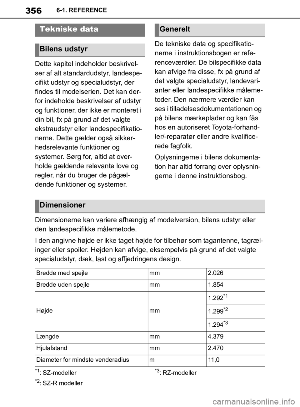 TOYOTA SUPRA 2019  Brugsanvisning (in Danish) 356
Instruktionsbog til Supra6-1. REFERENCE
6-1.REFERENCE
Dette kapitel indeholder beskrivel-
ser af alt standardudstyr, landespe-
cifikt udstyr og specialudstyr, der 
findes til modelserien. Det kan 