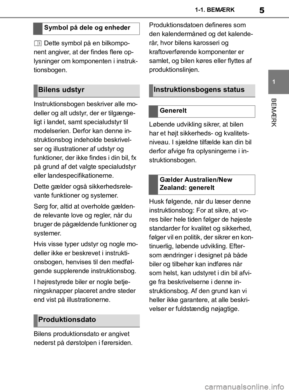 TOYOTA SUPRA 2019  Brugsanvisning (in Danish) 5
1
Instruktionsbog til Supra 1-1. BEMÆRK
BEMÆRK
 Dette symbol på en bilkompo-
nent angiver, at der findes flere op-
lysninger om komponenten i instruk-
tionsbogen.
Instruktionsbogen beskriver alle
