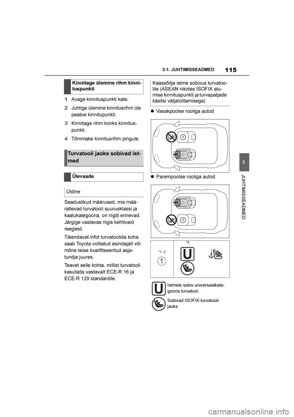 TOYOTA SUPRA 2019  Kasutusjuhend (in Estonian) 
115
3
Supra Owner's Manual 3-1. JUHTIMISSEADMED
JUHTIMISSEADMED
1
Avage kinnituspunkti kate.
2 Juhtige ülemine kinnitusrihm üle 
peatoe kinnitupunkti.
3 Kinnitage rihm konks kinnitus -
punkti.
