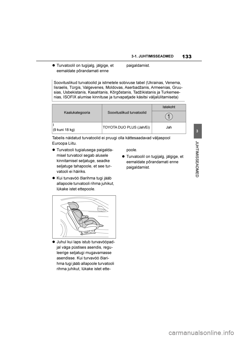 TOYOTA SUPRA 2019  Kasutusjuhend (in Estonian) 
133
3
Supra Owner's Manual 3-1. JUHTIMISSEADMED
JUHTIMISSEADMED

Turvatoolil on tugijalg, jälgige, et 
eemaldate põrandamati enne  paigaldamist.
Tabelis näidatud turvatoolid ei pruugi olla k