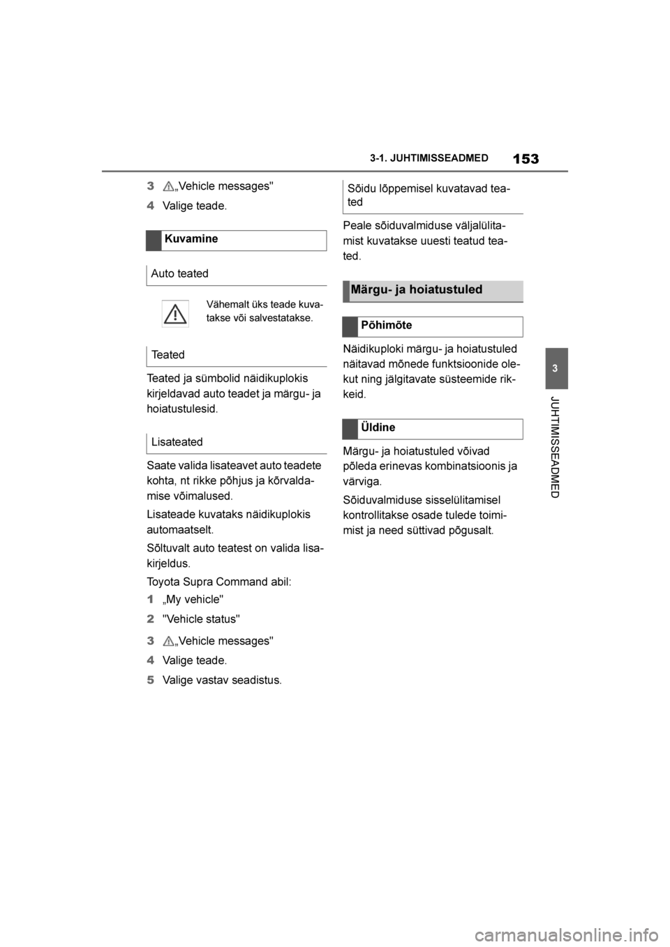 TOYOTA SUPRA 2019 Kasutusjuhend (in Estonian)
153
3
Supra Owner's Manual 3-1. JUHTIMISSEADMED
JUHTIMISSEADMED
3
„Vehicle messages"
4 Valige teade.
Teated ja sümbolid näidikuplokis
kirjeldavad auto teadet ja märgu- ja
hoiatustulesi TOYOTA SUPRA 2019 Kasutusjuhend (in Estonian)
153
3
Supra Owner's Manual 3-1. JUHTIMISSEADMED
JUHTIMISSEADMED
3
„Vehicle messages"
4 Valige teade.
Teated ja sümbolid näidikuplokis
kirjeldavad auto teadet ja märgu- ja
hoiatustulesi