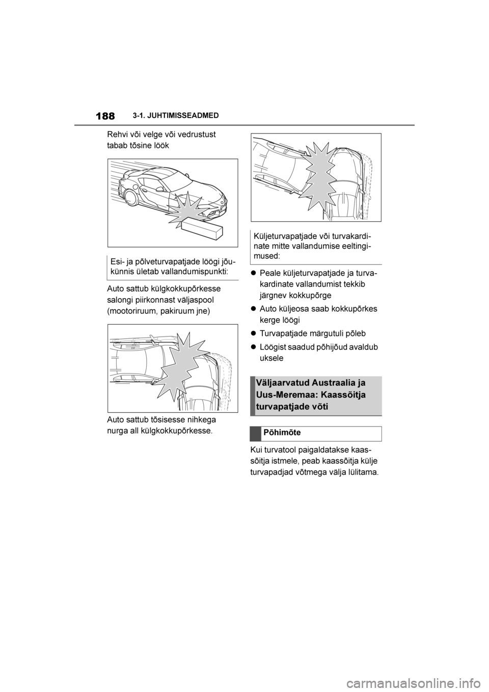 TOYOTA SUPRA 2019  Kasutusjuhend (in Estonian) 
188
Supra Owner's Manual3-1. JUHTIMISSEADMED
Rehvi või velge või vedrustust 
tabab tõsine löök
Auto sattub külgkokkupõrkesse 
salongi piirkonnast väljaspool 
(mootoriruum, pakiruum jne)
A