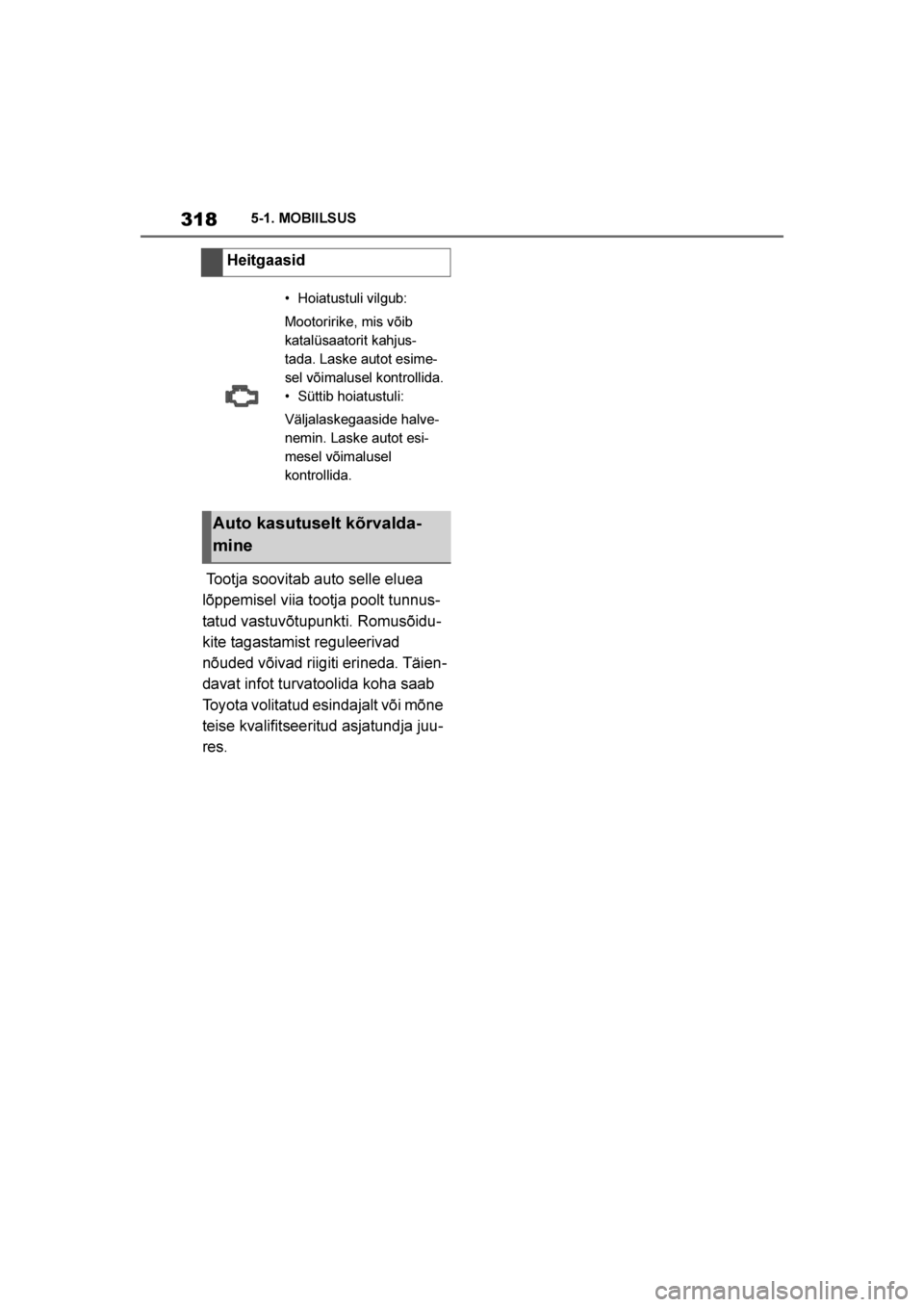 TOYOTA SUPRA 2019  Kasutusjuhend (in Estonian) 
318
Supra Owner's Manual5-1. MOBIILSUS
 Tootja soovitab auto selle eluea 
lõppemisel viia tootja poolt tunnus
-
tatud vastuvõtupunkti. Romusõidu -
kite tagastamist reguleerivad 
nõuded võiva