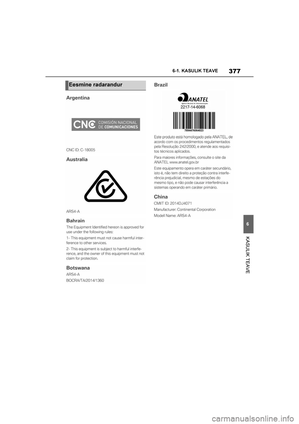 TOYOTA SUPRA 2019  Kasutusjuhend (in Estonian) 
377
6
Supra Owner's Manual 6-1. KASULIK TEAVE
KASULIK TEAVE
Eesmine radarandur
Supra_OM_Europe_OM99T05EE_1_
1903.book  Page 377  Thursday, April 18, 2019  5:09 PM 