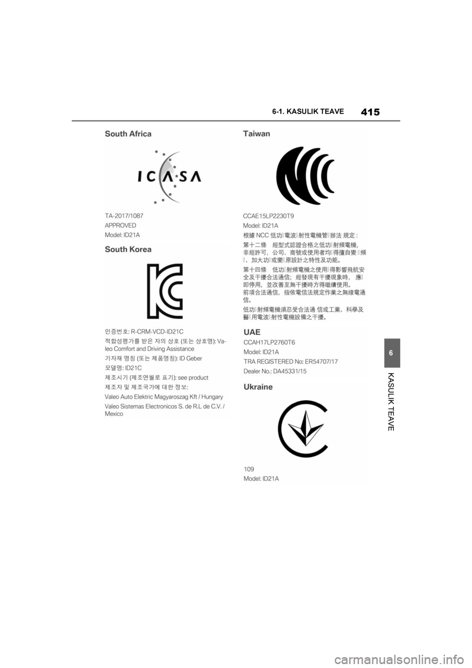 TOYOTA SUPRA 2019  Kasutusjuhend (in Estonian) 
415
6
Supra Owner's Manual 6-1. KASULIK TEAVE
KASULIK TEAVE
Supra_OM_Europe_OM99T05EE_1_
1903.book  Page 415  Thursday, April 18, 2019  5:09 PM 