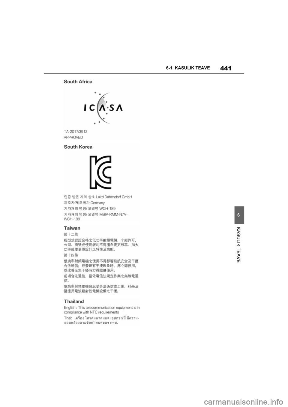 TOYOTA SUPRA 2019 Kasutusjuhend (in Estonian)
441
6
Supra Owner's Manual 6-1. KASULIK TEAVE
KASULIK TEAVE
Supra_OM_Europe_OM99T05EE_1_
1903.book Page 441 Thursday, April 18, 2019 5:09 PM TOYOTA SUPRA 2019 Kasutusjuhend (in Estonian)
441
6
Supra Owner's Manual 6-1. KASULIK TEAVE
KASULIK TEAVE
Supra_OM_Europe_OM99T05EE_1_
1903.book Page 441 Thursday, April 18, 2019 5:09 PM