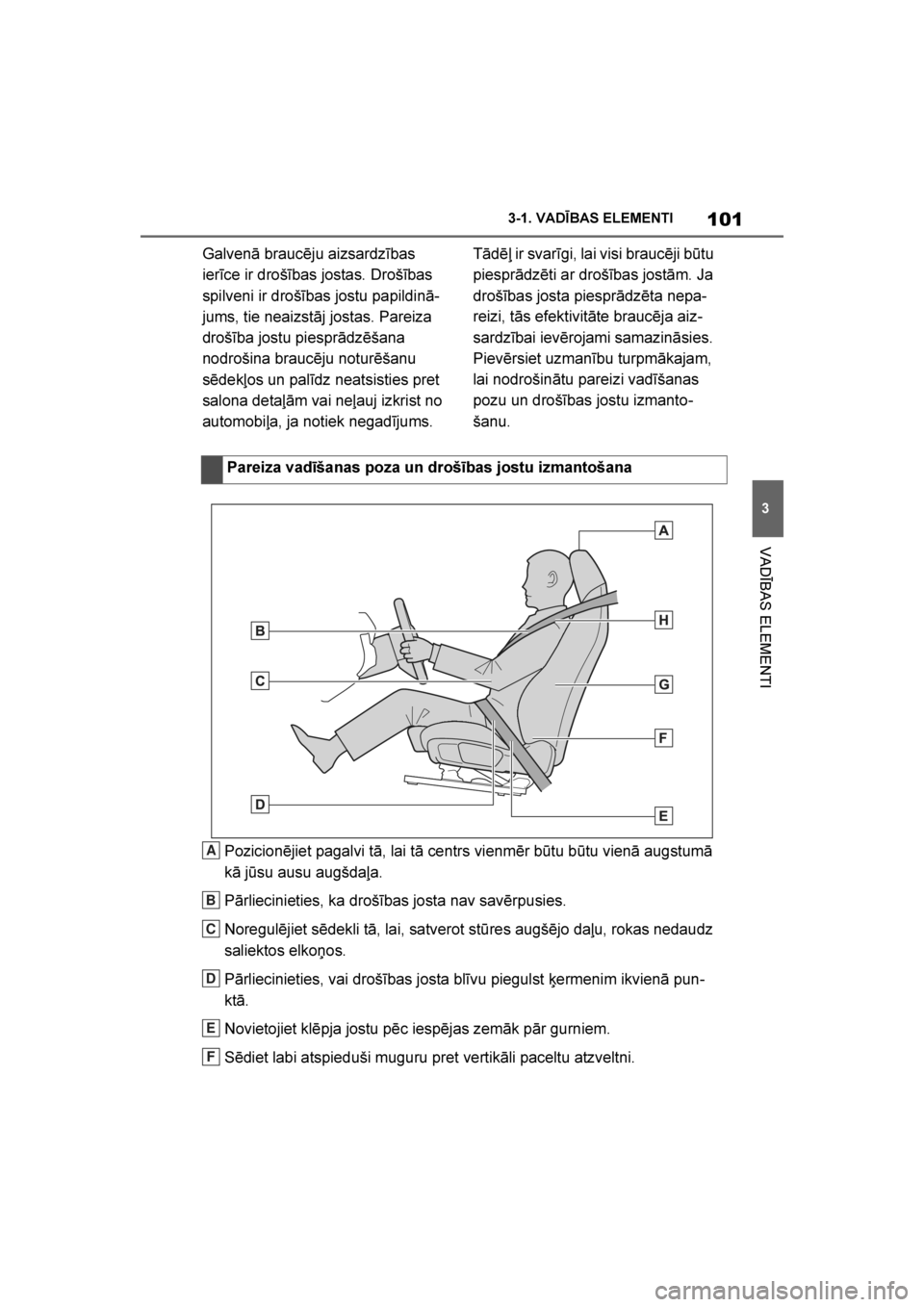 TOYOTA SUPRA 2019 Lietošanas Instrukcija (in Latvian)
101
3
Supra Owner's Manual 3-1. VADĪBAS ELEMENTI
VADĪBAS ELEMENTI
Galvenā braucēju aizsardzības
ierīce ir drošības jostas. Drošības
spilveni ir drošības jostu papildinā
-
jums, tie TOYOTA SUPRA 2019 Lietošanas Instrukcija (in Latvian)
101
3
Supra Owner's Manual 3-1. VADĪBAS ELEMENTI
VADĪBAS ELEMENTI
Galvenā braucēju aizsardzības
ierīce ir drošības jostas. Drošības
spilveni ir drošības jostu papildinā
-
jums, tie