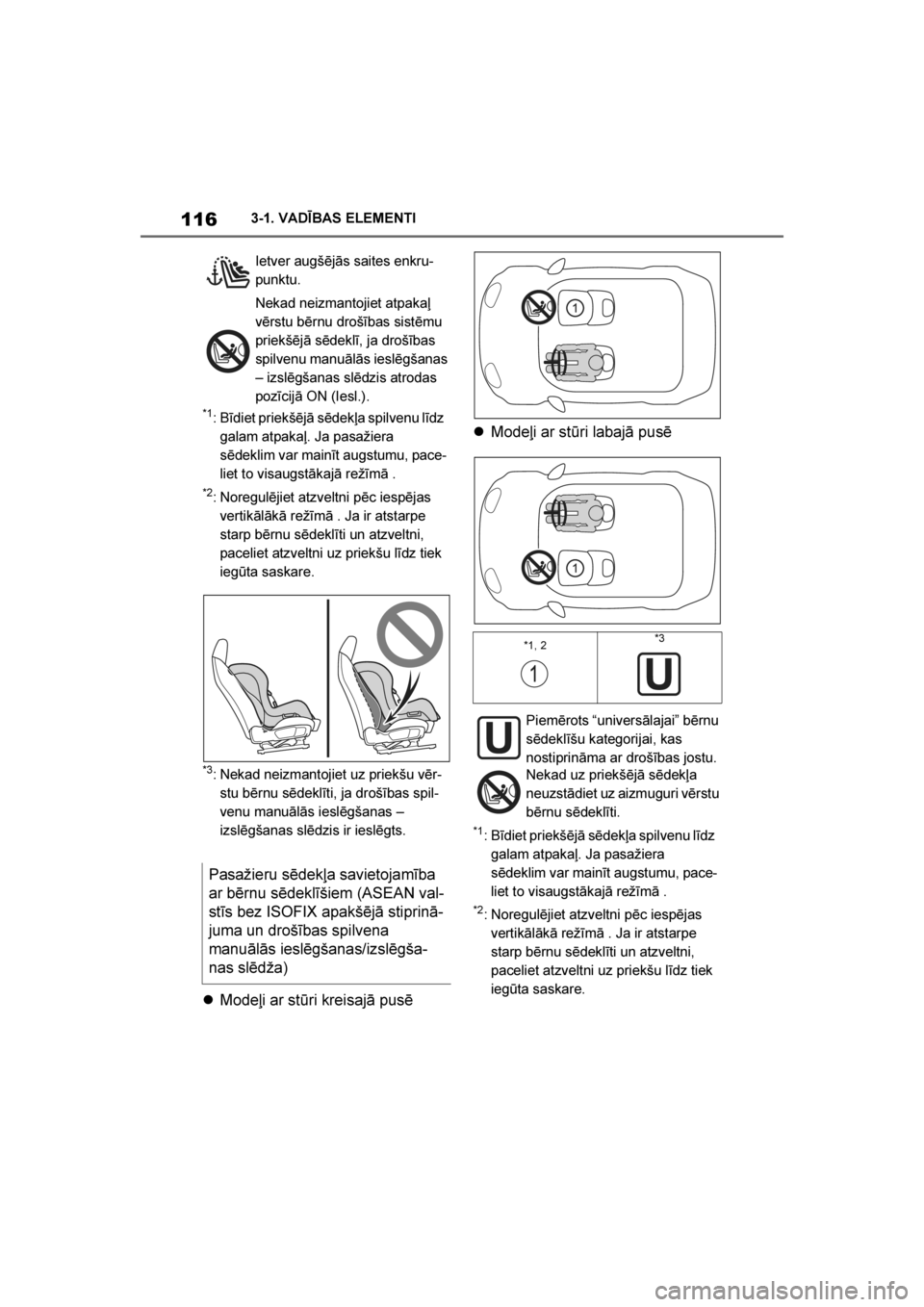 TOYOTA SUPRA 2019  Lietošanas Instrukcija (in Latvian) 
116
Supra Owner's Manual3-1. VADĪBAS ELEMENTI
*1: Bīdiet priekšējā sēdekļa spilvenu līdz 
galam atpakaļ. Ja pasažiera 
sēdeklim var mainīt augstumu, pace -
liet to visaugstākajā re