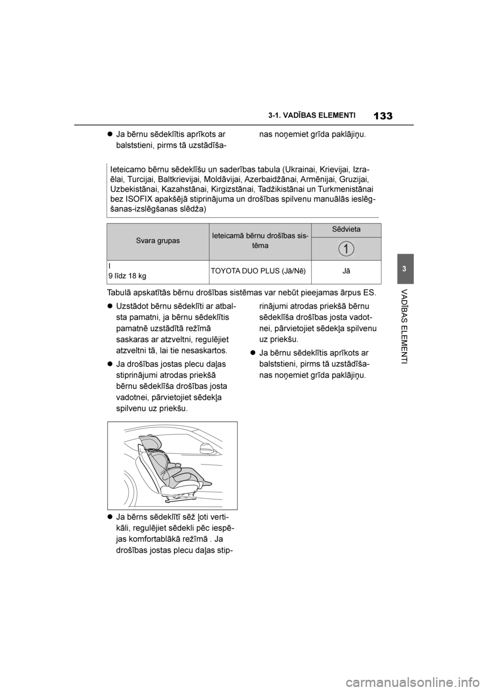 TOYOTA SUPRA 2019  Lietošanas Instrukcija (in Latvian) 
133
3
Supra Owner's Manual 3-1. VADĪBAS ELEMENTI
VADĪBAS ELEMENTI

Ja bērnu sēdeklītis aprīkots ar 
balststieni, pirms tā uzstādīša -nas no\bemiet grīda paklāji\bu.
Tabulā apskatīt
