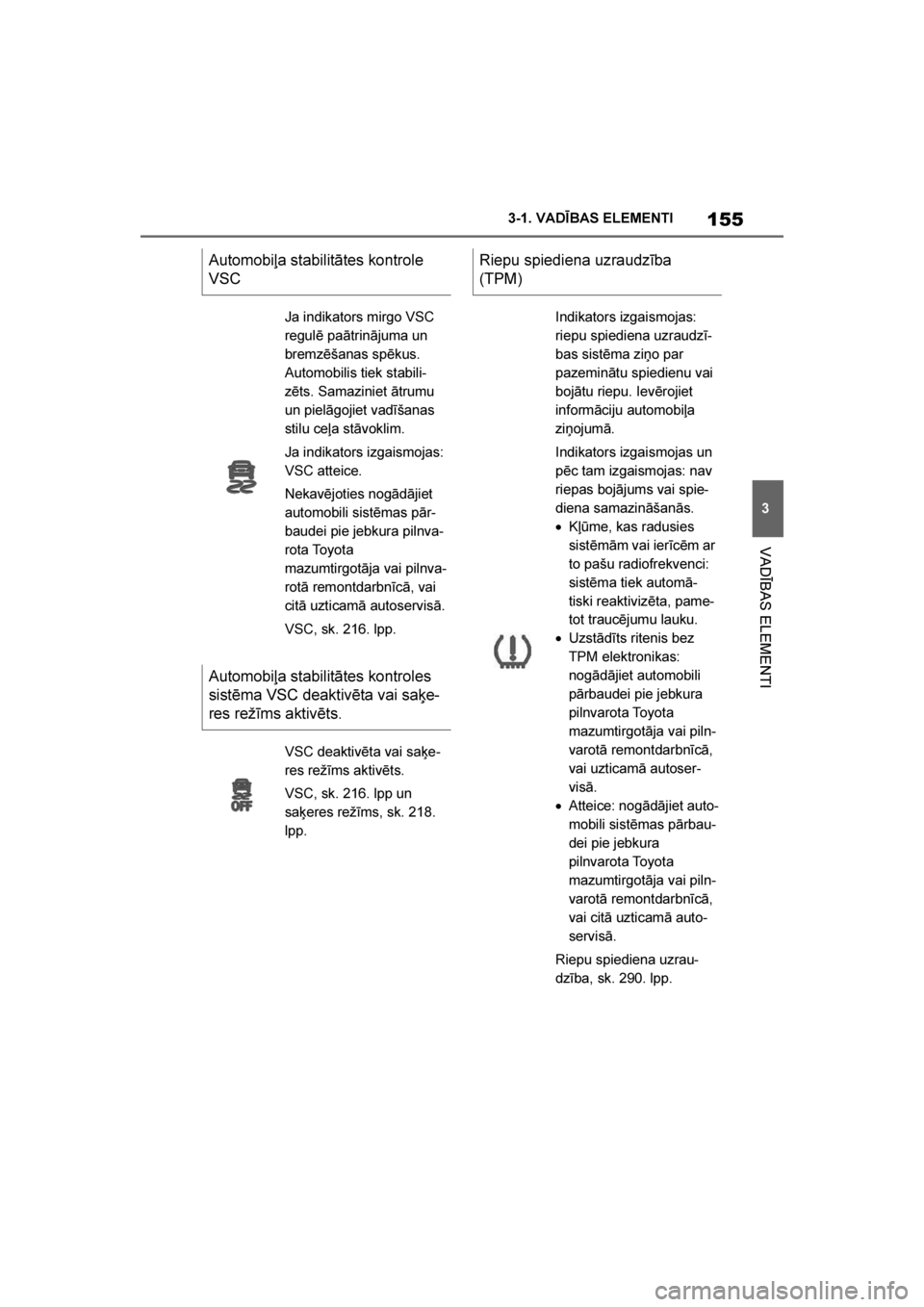 TOYOTA SUPRA 2019 Lietošanas Instrukcija (in Latvian)
155
3
Supra Owner's Manual 3-1. VADĪBAS ELEMENTI
VADĪBAS ELEMENTI
Automobiļa stabilitātes kontrole
VSC
Ja indikators mirgo VSC
regulē paātrinājuma un
bremzēšanas spēkus.
Automobilis TOYOTA SUPRA 2019 Lietošanas Instrukcija (in Latvian)
155
3
Supra Owner's Manual 3-1. VADĪBAS ELEMENTI
VADĪBAS ELEMENTI
Automobiļa stabilitātes kontrole
VSC
Ja indikators mirgo VSC
regulē paātrinājuma un
bremzēšanas spēkus.
Automobilis