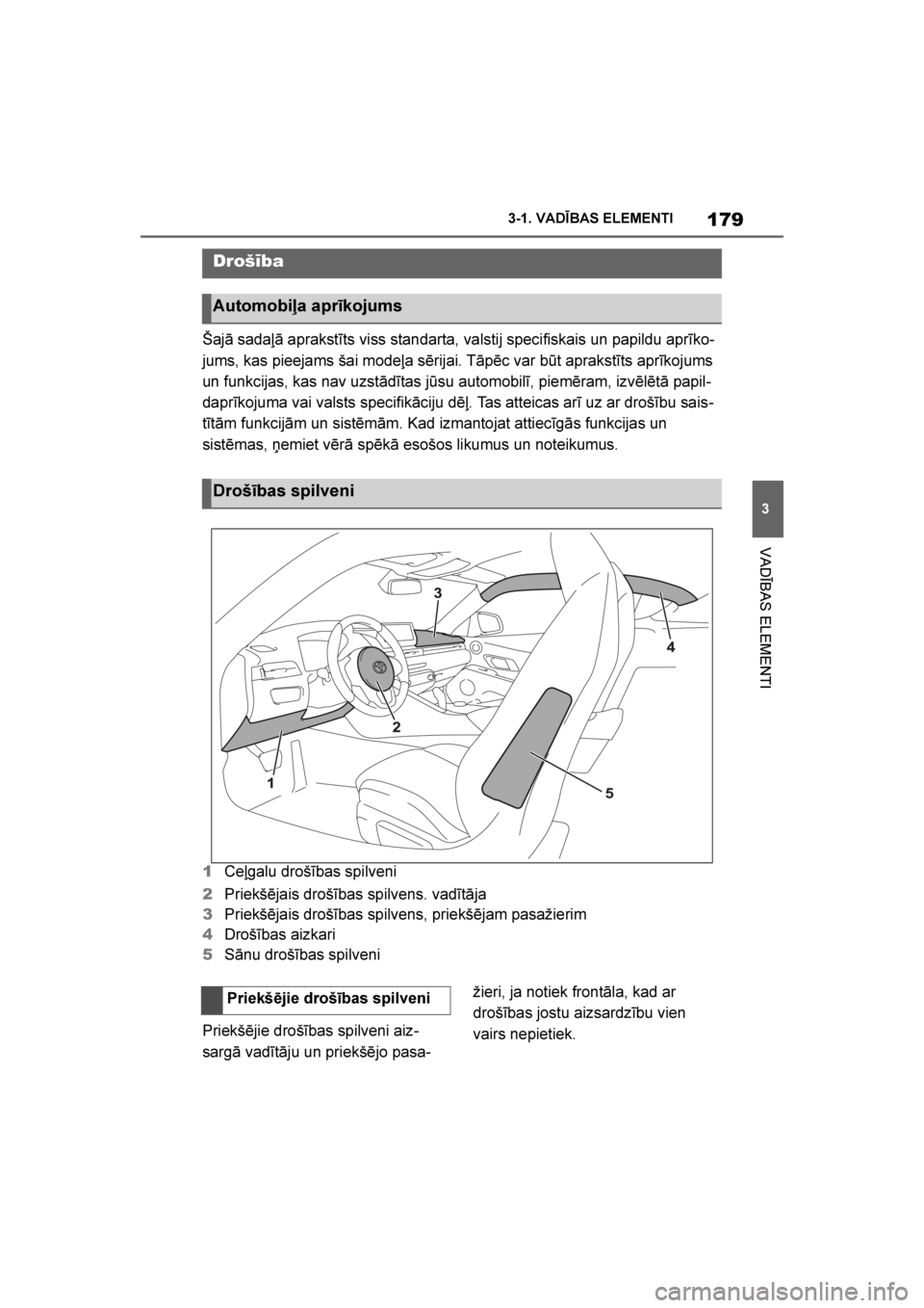 TOYOTA SUPRA 2019 Lietošanas Instrukcija (in Latvian)
179
3
Supra Owner's Manual 3-1. VADĪBAS ELEMENTI
VADĪBAS ELEMENTI
Šajā sadaļā aprakstīts viss standarta, valstij specifiskais un papildu aprīko
-
jums, kas pieejams šai modeļa sērijai. TOYOTA SUPRA 2019 Lietošanas Instrukcija (in Latvian)
179
3
Supra Owner's Manual 3-1. VADĪBAS ELEMENTI
VADĪBAS ELEMENTI
Šajā sadaļā aprakstīts viss standarta, valstij specifiskais un papildu aprīko
-
jums, kas pieejams šai modeļa sērijai.
