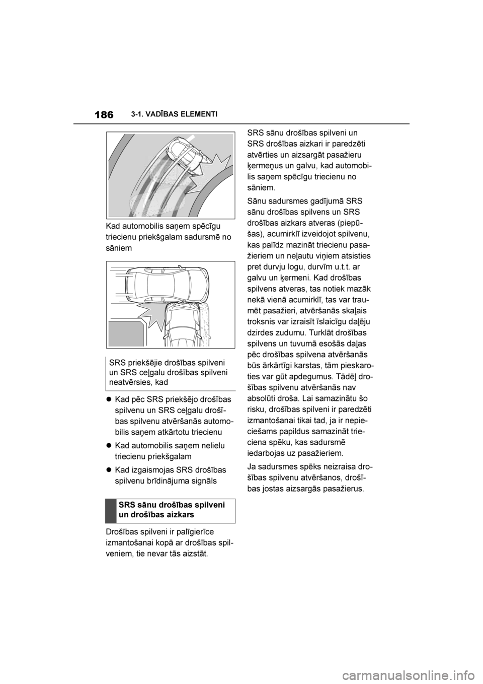 TOYOTA SUPRA 2019  Lietošanas Instrukcija (in Latvian) 
186
Supra Owner's Manual3-1. VADĪBAS ELEMENTI
Kad automobilis sa\bem spēcīgu 
triecienu priekšgalam sadursmē no 
sāniem

Kad pēc SRS priekšējo drošības 
spilvenu un SRS ceļgalu droš