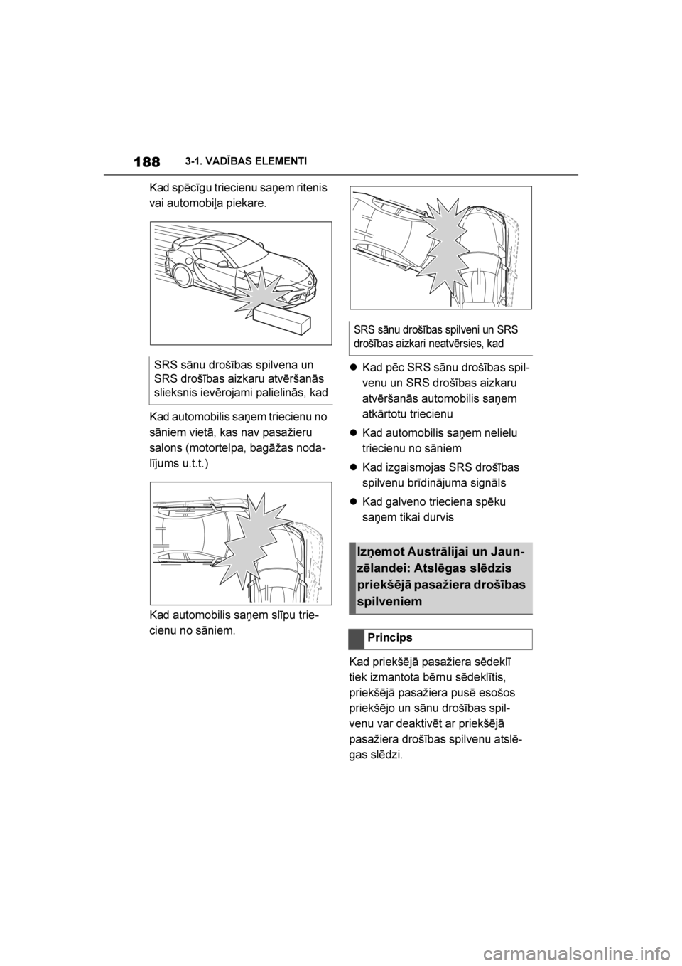 TOYOTA SUPRA 2019  Lietošanas Instrukcija (in Latvian) 
188
Supra Owner's Manual3-1. VADĪBAS ELEMENTI
Kad spēcīgu triecienu sa\bem ritenis 
vai automobiļa piekare.
Kad automobilis sa\bem triecienu no 
sāniem vietā, kas nav pasažieru 
salons (mo