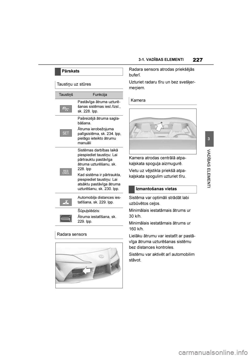 TOYOTA SUPRA 2019  Lietošanas Instrukcija (in Latvian) 
227
3
Supra Owner's Manual 3-1. VADĪBAS ELEMENTI
VADĪBAS ELEMENTI
Radara sensors atrodas priekšējās 
buferī.
Uzturiet radaru tīru un bez svešķer
-
me\biem.
Kamera atrodas centrālā atpa