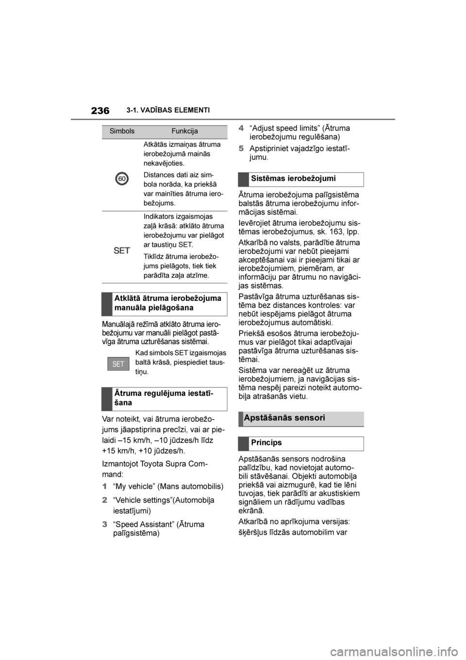TOYOTA SUPRA 2019  Lietošanas Instrukcija (in Latvian) 
236
Supra Owner's Manual3-1. VADĪBAS ELEMENTI
Manuālajā režīmā atklāto ātruma iero
-
bežojumu var manuāli pielāgot pastā -
vīga ātruma uzturēšanas sistēmai.
Var noteikt, vai ātr