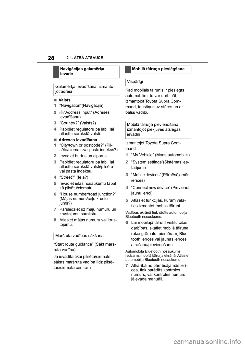 TOYOTA SUPRA 2019  Lietošanas Instrukcija (in Latvian) 
28
Supra Owner's Manual2-1. ĀTRĀ ATSAUCE
■Vals ts
1 “Navigation”(Navigācija) 
2 “Address input" (Adreses 
ievadīšana)
3 “Country?” (Valsts?) 
4 Pabīdiet regulatoru pa labi, 