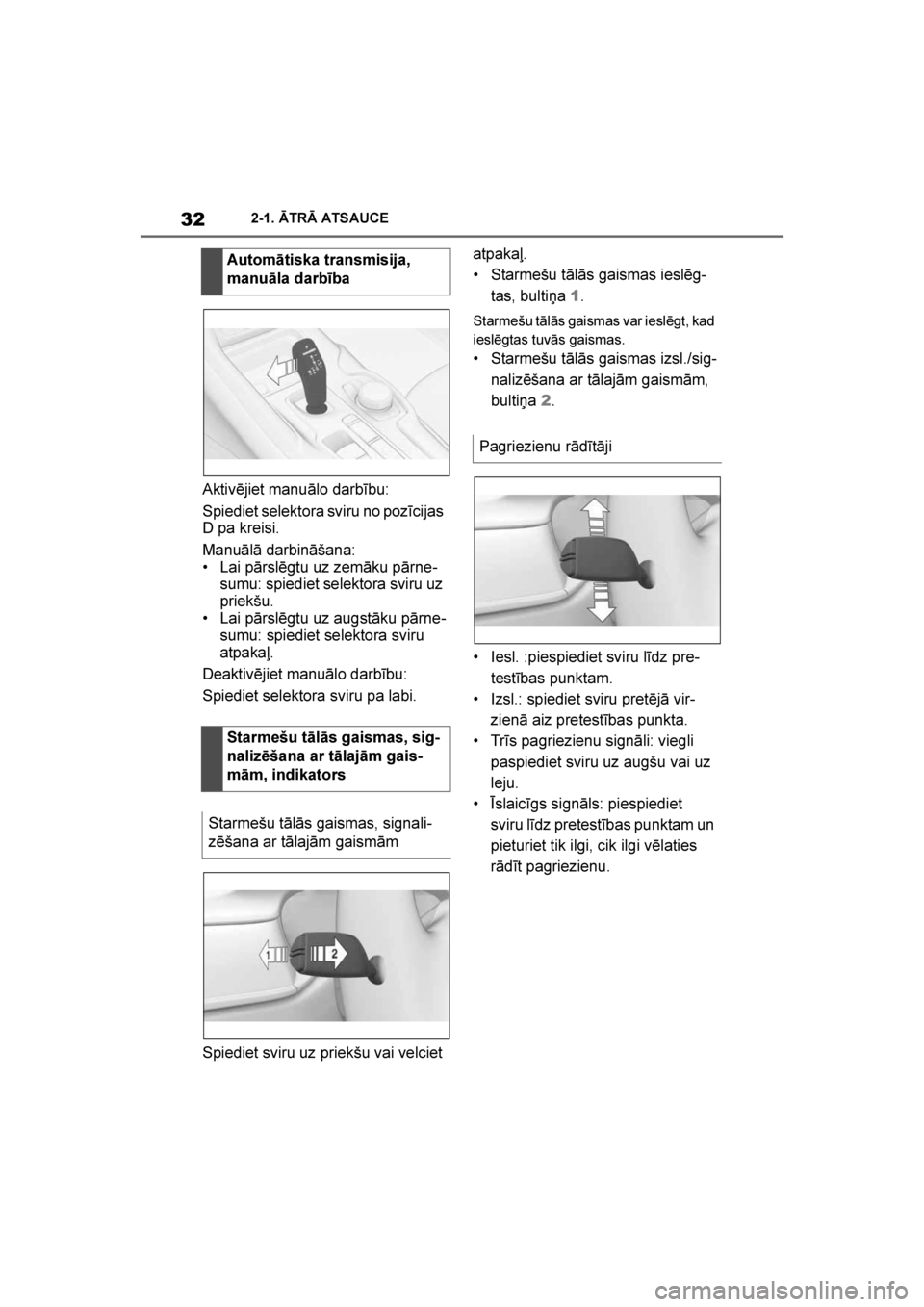 TOYOTA SUPRA 2019 Lietošanas Instrukcija (in Latvian)
32
Supra Owner's Manual2-1. ĀTRĀ ATSAUCE
Aktivējiet manuālo darbību:
Spiediet selektora sviru no pozīcijas
D pa kreisi.
Manuālā darbināšana:
• Lai pārslēgtu uz zemāku pārne
-
sum TOYOTA SUPRA 2019 Lietošanas Instrukcija (in Latvian)
32
Supra Owner's Manual2-1. ĀTRĀ ATSAUCE
Aktivējiet manuālo darbību:
Spiediet selektora sviru no pozīcijas
D pa kreisi.
Manuālā darbināšana:
• Lai pārslēgtu uz zemāku pārne
-
sum