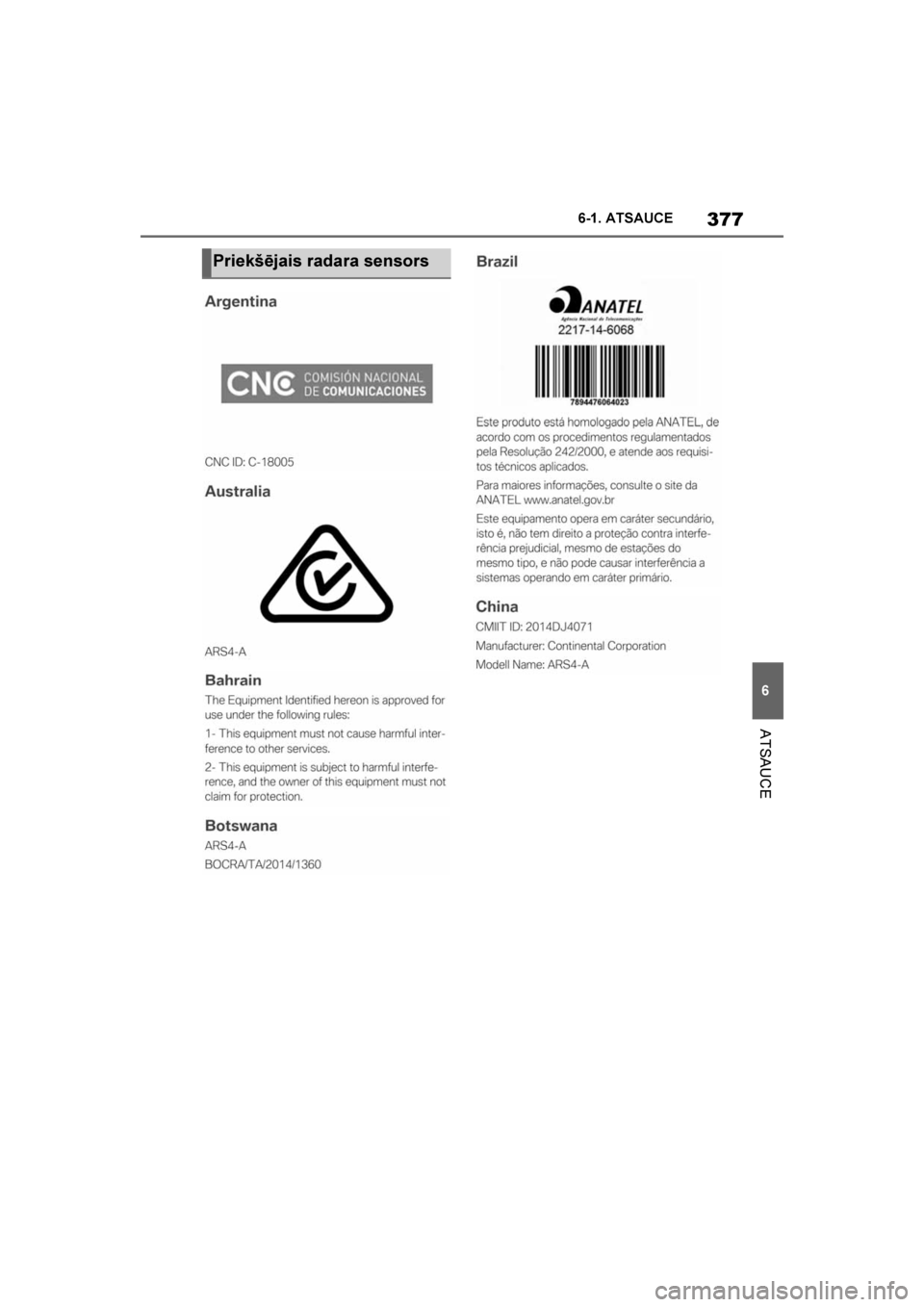 TOYOTA SUPRA 2019  Lietošanas Instrukcija (in Latvian) 
377
6
Supra Owner's Manual 6-1. ATSAUCE
ATSAUCE
Priekšējais radara sensors
Supra_OM_Europe_OM99T05LV_1_1903.book  Pa
ge 377  Friday, May 3, 2019  7:19 PM 