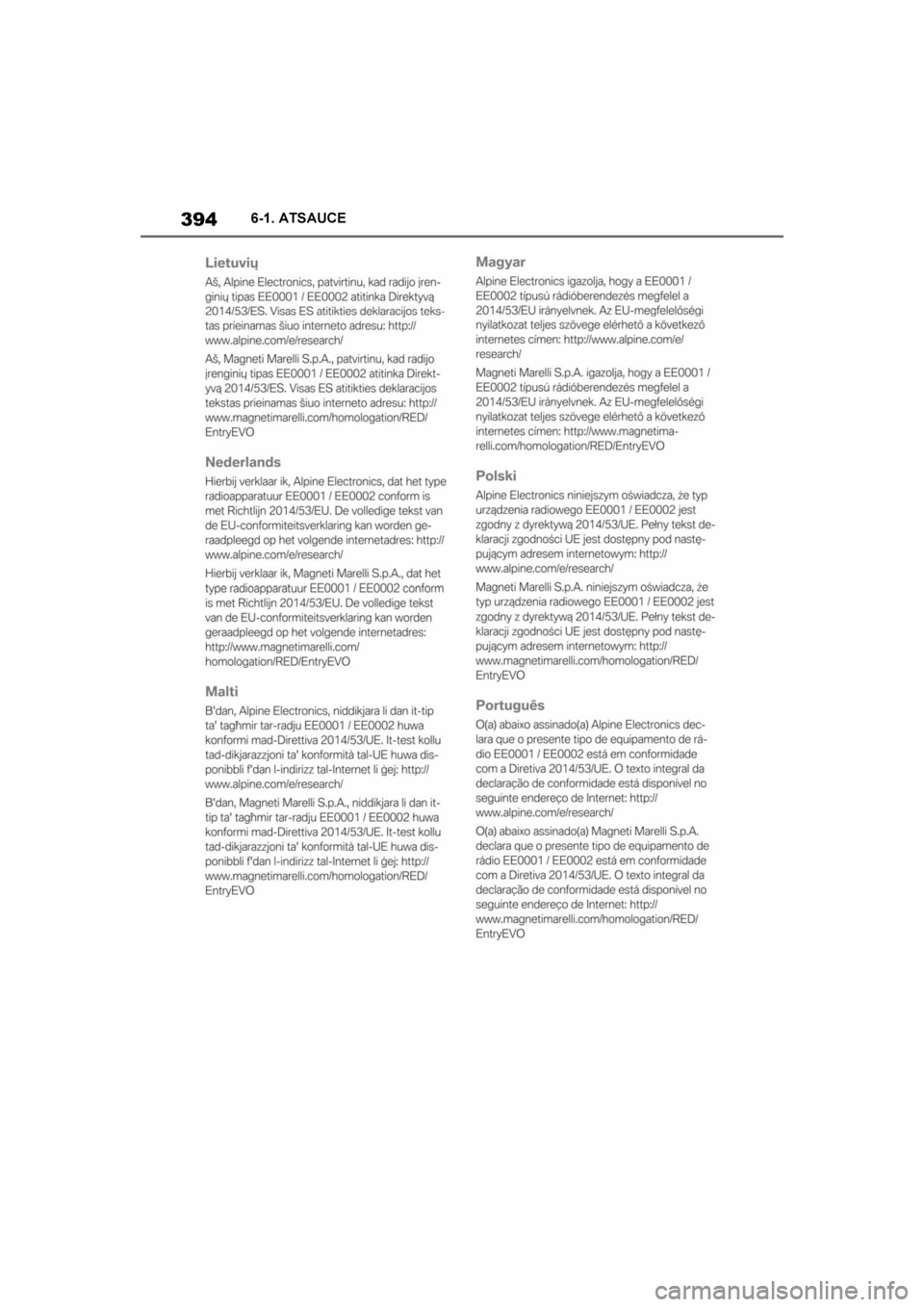 TOYOTA SUPRA 2019  Lietošanas Instrukcija (in Latvian) 
394
Supra Owner's Manual6-1. ATSAUCE
Supra_OM_Europe_OM99T05LV_1_1903.book  Pa
ge 394  Friday, May 3, 2019  7:19 PM 