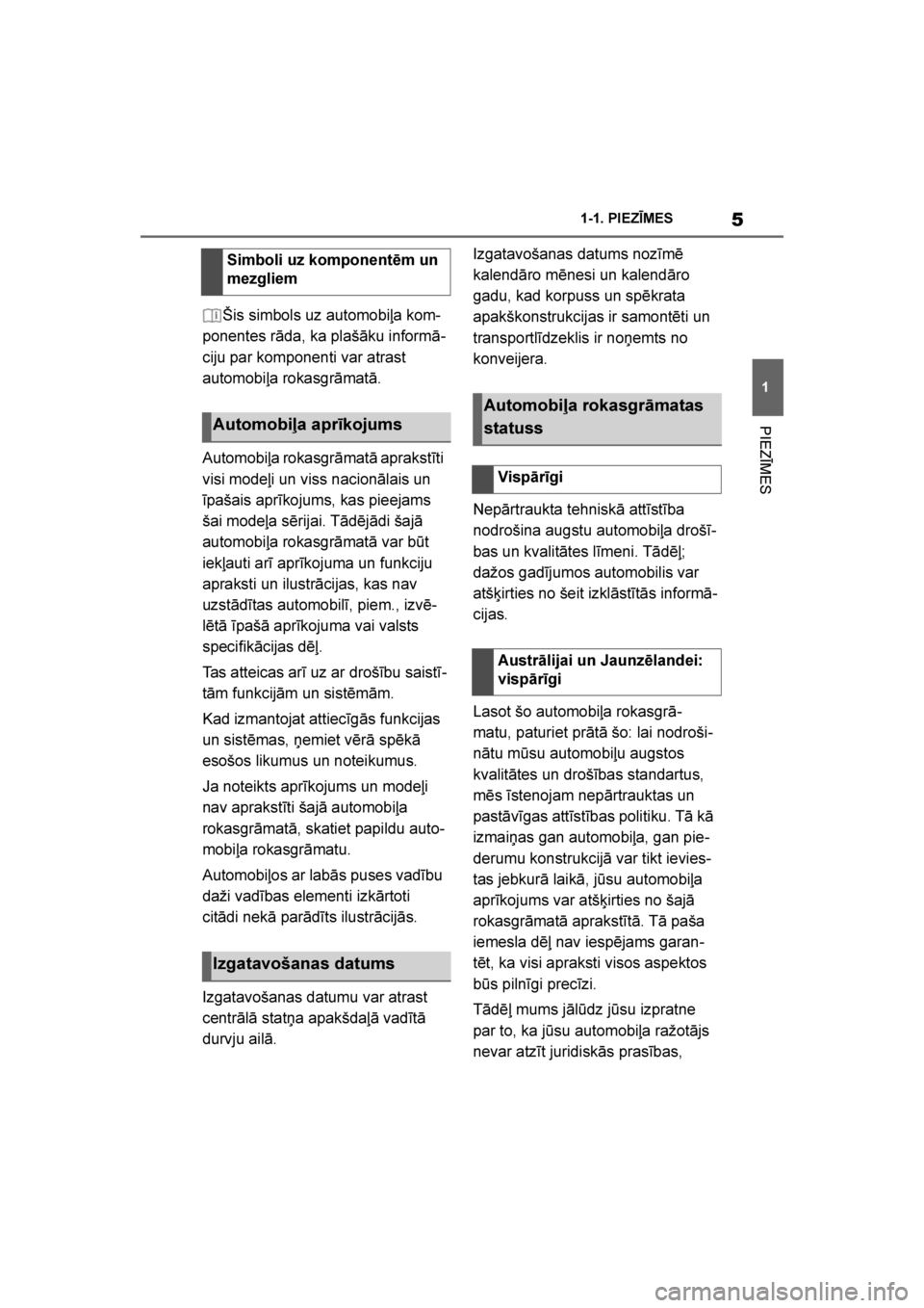 TOYOTA SUPRA 2019  Lietošanas Instrukcija (in Latvian) 
5
1
Supra Owner's Manual 1-1. PIEZĪMES
PIEZĪMES
Šis simbols uz automobiļa kom
-
ponentes rāda, ka plašāku informā -
ciju par komponenti var atrast 
automobiļa rokasgrāmatā.
Automobiļa