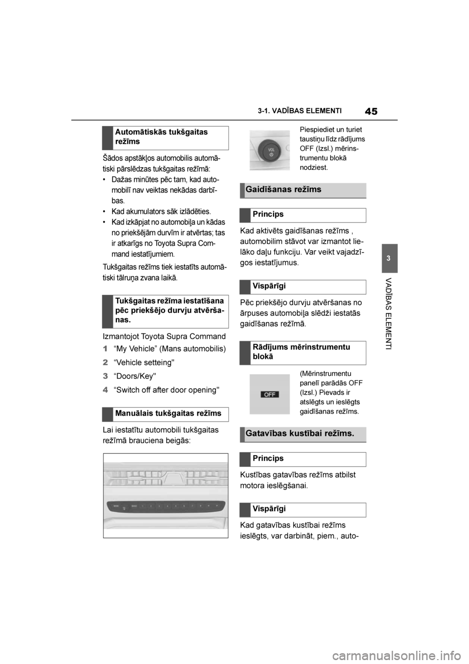 TOYOTA SUPRA 2019 Lietošanas Instrukcija (in Latvian)
45
3
Supra Owner's Manual 3-1. VADĪBAS ELEMENTI
VADĪBAS ELEMENTI
Šādos apstākļos automobilis automā
-
tiski pārslēdzas tukšgaitas režīmā:
• Dažas min\btes pēc tam, kad auto -
mob TOYOTA SUPRA 2019 Lietošanas Instrukcija (in Latvian)
45
3
Supra Owner's Manual 3-1. VADĪBAS ELEMENTI
VADĪBAS ELEMENTI
Šādos apstākļos automobilis automā
-
tiski pārslēdzas tukšgaitas režīmā:
• Dažas min\btes pēc tam, kad auto -
mob