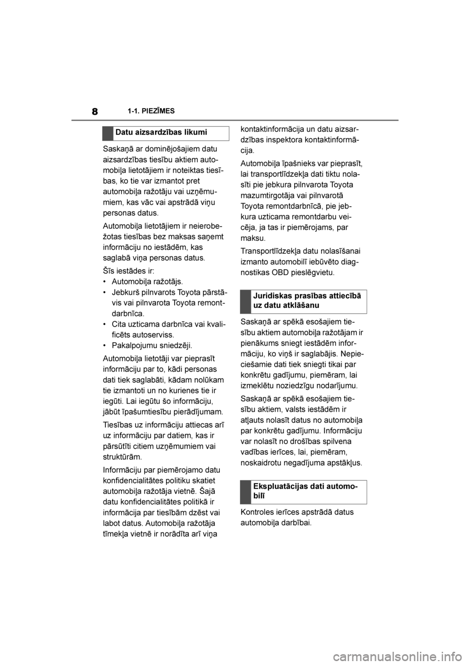 TOYOTA SUPRA 2019  Lietošanas Instrukcija (in Latvian) 
8
Supra Owner's Manual1-1. PIEZĪMES
Saska\bā ar dominējošajiem datu 
aizsardzības tiesību aktiem auto
-
mobiļa lietotājiem ir noteiktas tiesī -
bas, ko tie var izmantot pret 
automobiļa