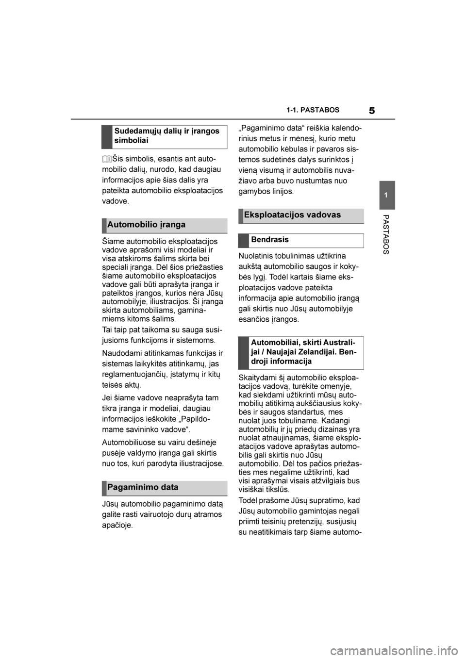 TOYOTA SUPRA 2019  Eksploatavimo vadovas (in Lithuanian) 
5
1
Supra Owner's Manual 1-1. PASTABOS
PASTABOS
Šis simbolis, esantis ant auto
-
mobilio dalių, nurodo, kad daugiau 
informacijos apie šias dalis yra 
pateikta automobilio eksploatacijos 
vado