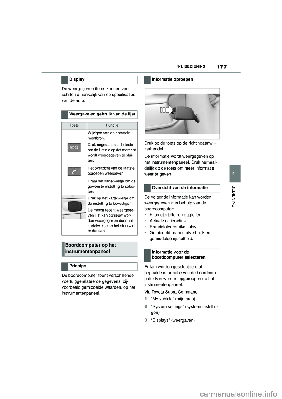 TOYOTA SUPRA 2020  Instructieboekje (in Dutch) 177
4
Handleiding Supra 4-1. BEDIENING
BEDIENING
De weergegeven items kunnen ver-
schillen afhankelijk van de specificaties 
van de auto.
De boordcomputer toont verschillende 
voertuiggerelateerde geg
