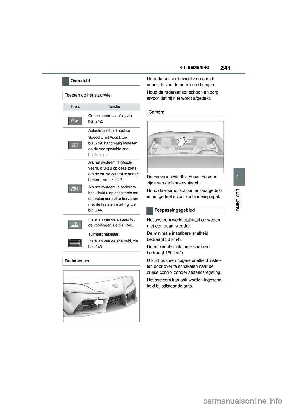 TOYOTA SUPRA 2020 Instructieboekje (in Dutch) 241
4
Handleiding Supra 4-1. BEDIENING
BEDIENING
De radarsensor bevindt zich aan de
voorzijde van de auto in de bumper.
Houd de radarsensor schoon en zorg
ervoor dat hij niet wordt afgedekt.
De came TOYOTA SUPRA 2020 Instructieboekje (in Dutch) 241
4
Handleiding Supra 4-1. BEDIENING
BEDIENING
De radarsensor bevindt zich aan de
voorzijde van de auto in de bumper.
Houd de radarsensor schoon en zorg
ervoor dat hij niet wordt afgedekt.
De came