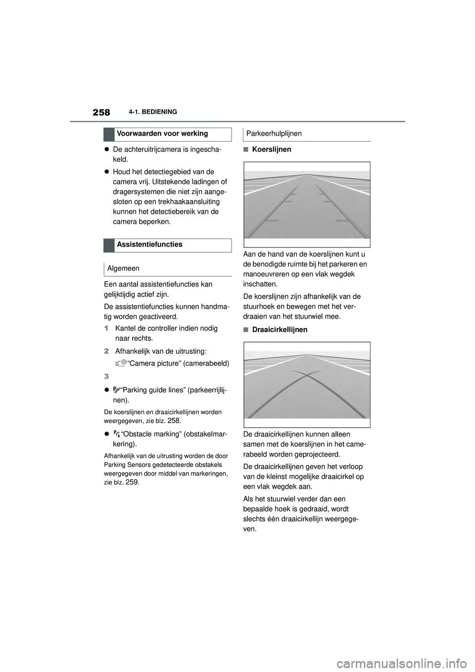 TOYOTA SUPRA 2020 Instructieboekje (in Dutch) 258
Handleiding Supra4-1. BEDIENING
De achteruitrijcamera is ingescha-
keld.
Houd het detectiegebied van de
camera vrij. Uitstekende ladingen of
dragersystemen die niet zijn aange-
sloten op TOYOTA SUPRA 2020 Instructieboekje (in Dutch) 258
Handleiding Supra4-1. BEDIENING
De achteruitrijcamera is ingescha-
keld.
Houd het detectiegebied van de
camera vrij. Uitstekende ladingen of
dragersystemen die niet zijn aange-
sloten op